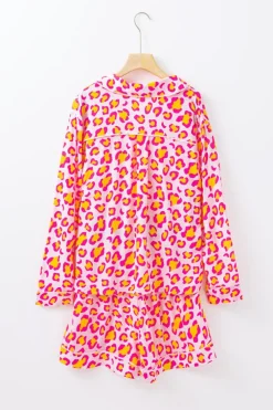 Best Dear-Lover Leopard Print Long Sleeve Shirt and Shorts Pajama Set Pink