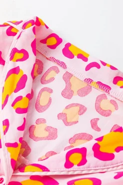 Best Dear-Lover Leopard Print Long Sleeve Shirt and Shorts Pajama Set Pink