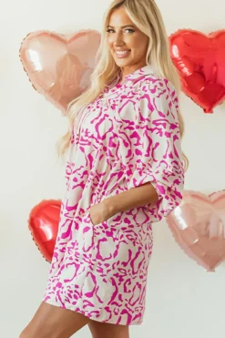 Best Dear-Lover Leopard Print Loose Fit Babydoll Mini Dress Pink
