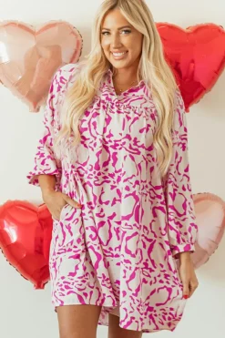 Best Dear-Lover Leopard Print Loose Fit Babydoll Mini Dress Pink