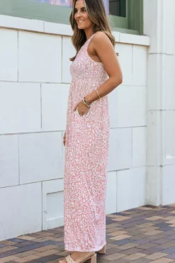Fashion Dear-Lover Leopard Print Pocketed Sleeveless Maxi Dress Pink