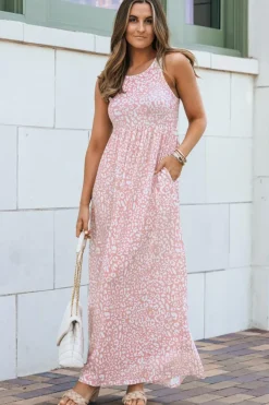 Fashion Dear-Lover Leopard Print Pocketed Sleeveless Maxi Dress Pink