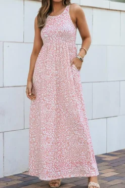 Fashion Dear-Lover Leopard Print Pocketed Sleeveless Maxi Dress Pink