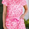 Outlet Dear-Lover Leopard Print Tee and Satin Tie Shorts Lounge Set Pink