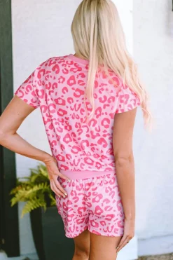 Outlet Dear-Lover Leopard Print Tee and Satin Tie Shorts Lounge Set Pink