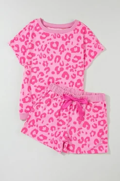 Outlet Dear-Lover Leopard Print Tee and Satin Tie Shorts Lounge Set Pink