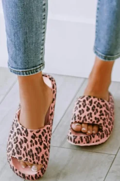 Online Dear-Lover Leopard Print Thick Sole Slip On Slippers Pink