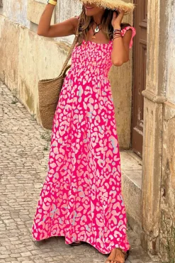 New Dear-Lover Leopard Ruffle Straps Smocked High Waist Long Dress Pink