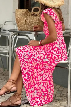 New Dear-Lover Leopard Ruffle Straps Smocked High Waist Long Dress Pink
