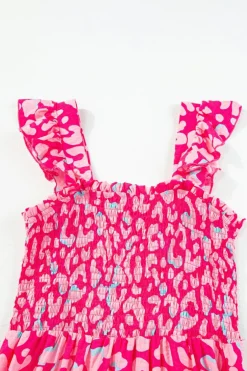 New Dear-Lover Leopard Ruffle Straps Smocked High Waist Long Dress Pink