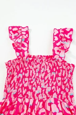 New Dear-Lover Leopard Ruffle Straps Smocked High Waist Long Dress Pink