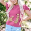 Hot Dear-Lover Leopard Ruffled Sleeve Round Neck Knit Sweater Pink