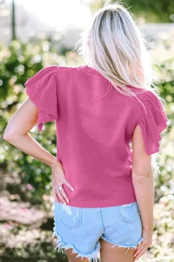 Hot Dear-Lover Leopard Ruffled Sleeve Round Neck Knit Sweater Pink