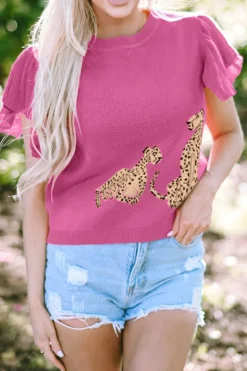 Hot Dear-Lover Leopard Ruffled Sleeve Round Neck Knit Sweater Pink