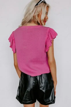 Hot Dear-Lover Leopard Ruffled Sleeve Round Neck Knit Sweater Pink