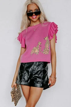 Hot Dear-Lover Leopard Ruffled Sleeve Round Neck Knit Sweater Pink