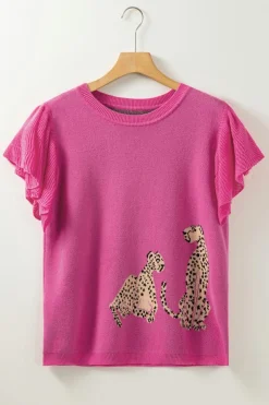 Hot Dear-Lover Leopard Ruffled Sleeve Round Neck Knit Sweater Pink