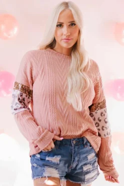 Sale Dear-Lover Leopard Sequin Splicing Sleeves Textured Knit Top Pink