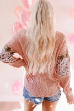 Sale Dear-Lover Leopard Sequin Splicing Sleeves Textured Knit Top Pink