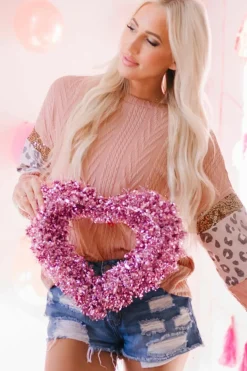 Sale Dear-Lover Leopard Sequin Splicing Sleeves Textured Knit Top Pink