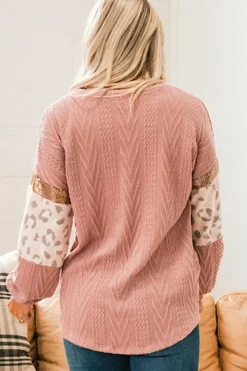 Sale Dear-Lover Leopard Sequin Splicing Sleeves Textured Knit Top Pink