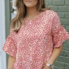 Best Dear-Lover Leopard Spotted Ruffle Sleeve T-Shirt Pink