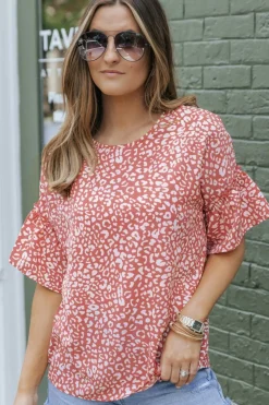 Best Dear-Lover Leopard Spotted Ruffle Sleeve T-Shirt Pink