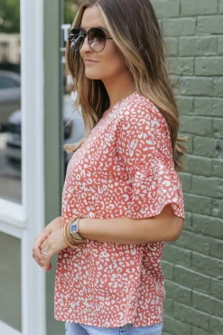 Best Dear-Lover Leopard Spotted Ruffle Sleeve T-Shirt Pink