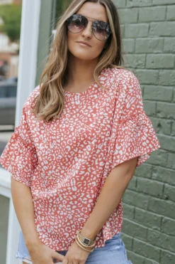 Best Dear-Lover Leopard Spotted Ruffle Sleeve T-Shirt Pink
