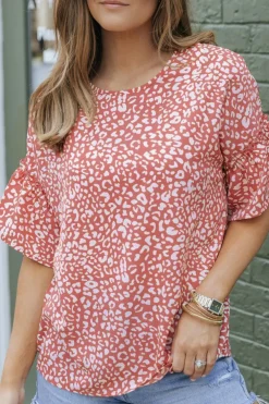 Best Dear-Lover Leopard Spotted Ruffle Sleeve T-Shirt Pink