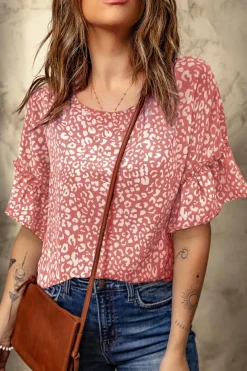 Best Dear-Lover Leopard Spotted Ruffle Sleeve T-Shirt Pink