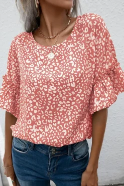 Best Dear-Lover Leopard Spotted Ruffle Sleeve T-Shirt Pink