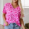 Fashion Dear-Lover Leopard V Neck Loose Short Sleeve Top Pink