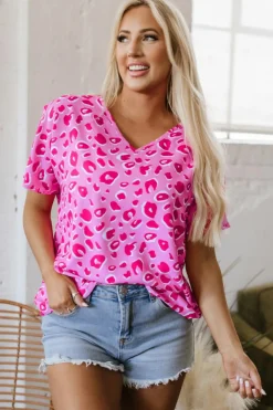 Fashion Dear-Lover Leopard V Neck Loose Short Sleeve Top Pink