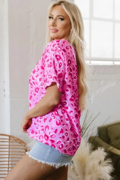 Fashion Dear-Lover Leopard V Neck Loose Short Sleeve Top Pink