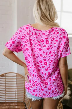 Fashion Dear-Lover Leopard V Neck Loose Short Sleeve Top Pink