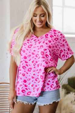 Fashion Dear-Lover Leopard V Neck Loose Short Sleeve Top Pink