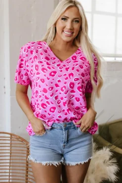 Fashion Dear-Lover Leopard V Neck Loose Short Sleeve Top Pink