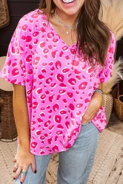 Fashion Dear-Lover Leopard V Neck Loose Short Sleeve Top Pink