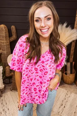 Fashion Dear-Lover Leopard V Neck Loose Short Sleeve Top Pink