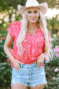 Best Dear-Lover Leopard V Neck Short Sleeve Blouse Pink
