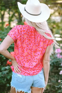 Best Dear-Lover Leopard V Neck Short Sleeve Blouse Pink
