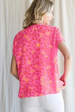 Best Dear-Lover Leopard V Neck Short Sleeve Blouse Pink
