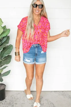 Best Dear-Lover Leopard V Neck Short Sleeve Blouse Pink