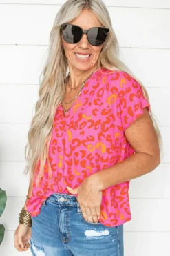 Best Dear-Lover Leopard V Neck Short Sleeve Blouse Pink