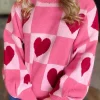 Sale Dear-Lover Love Heart Checkered Valentine Crew Neck Sweater Pink