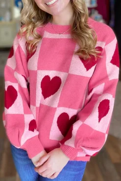 Sale Dear-Lover Love Heart Checkered Valentine Crew Neck Sweater Pink