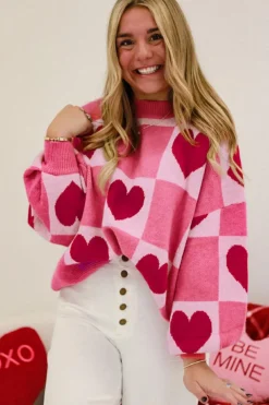 Sale Dear-Lover Love Heart Checkered Valentine Crew Neck Sweater Pink