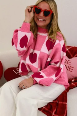 Sale Dear-Lover Love Heart Checkered Valentine Crew Neck Sweater Pink