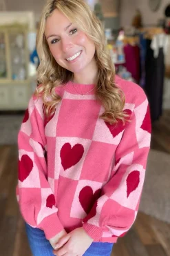 Sale Dear-Lover Love Heart Checkered Valentine Crew Neck Sweater Pink